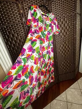 Vintage 60s 70s Psychedelic Butterfly Acrylic Barkcloth Maxi Dress Silver